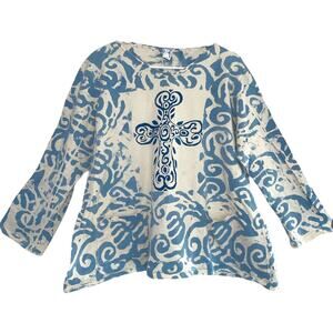Handmade Scroll Blue Cross Dyed silk-screen Tunic L/XL